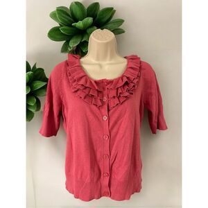 Worthington Women's Graceful Rose Ruffle Neck Cardigan Size Petite Medium